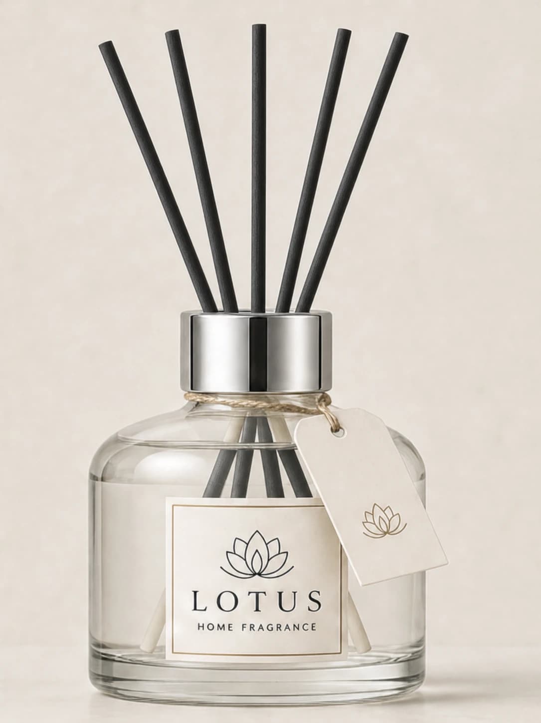 A clear glass Lotus reed diffuser with a silver collar, black reeds, and a hanging paper tag